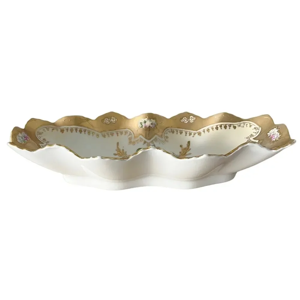 VINTAGE ROYAL CROWN Hand Painted Gold Rose Pattern Candy Dish Gold Trim 11